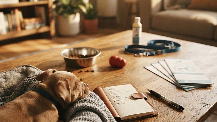American Bully Puppy Essential Supplies Checklist American Bully puppy sitting next to first-week essential supplies including a crate, bowls, leash, and chew toys