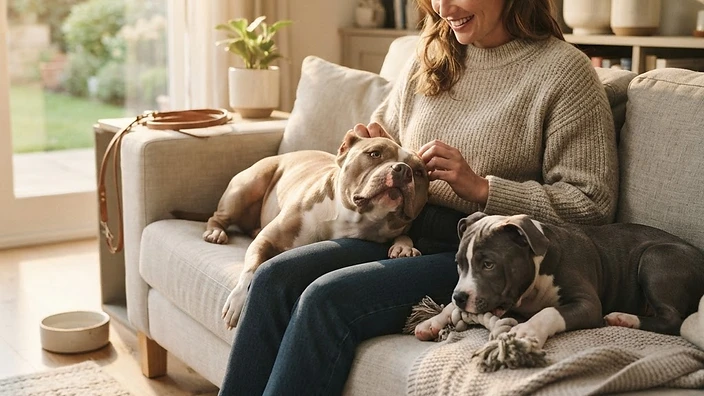 American Bully Grooming Routine — Coat, Skin Folds, Ears, and Nails American Bully receiving grooming including coat brushing and ear check from attentive owner at home