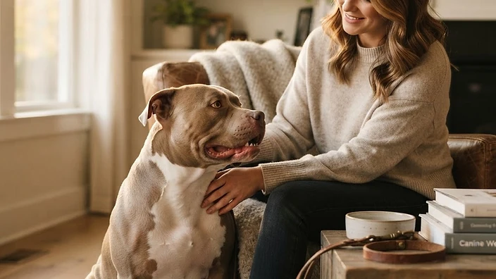 American Bully being groomed with a rubber brush by its owner, showing healthy short coat and attentive temperament