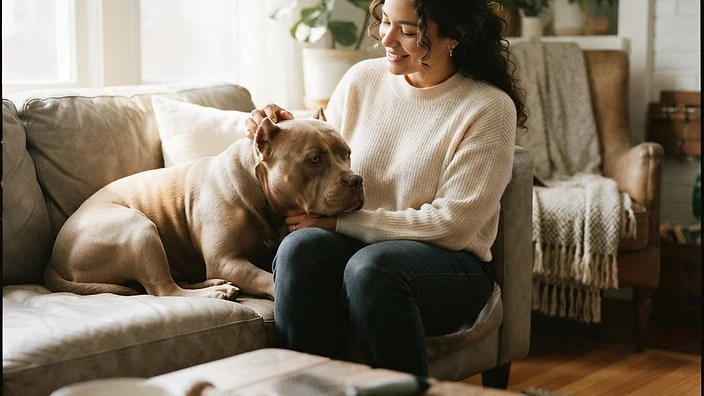 Senior American Bully resting on an orthopedic dog bed indoors, showing comfortable senior dog care setup