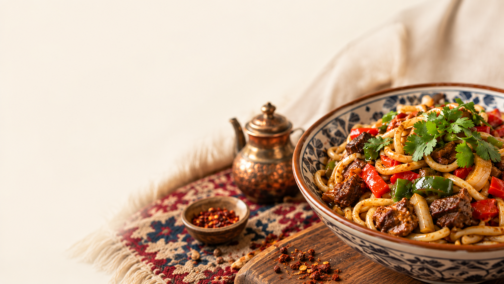 A bowl of hand-pulled Uyghur lagman noodles with beef, peppers, and cilantro at Kashkar Cafe