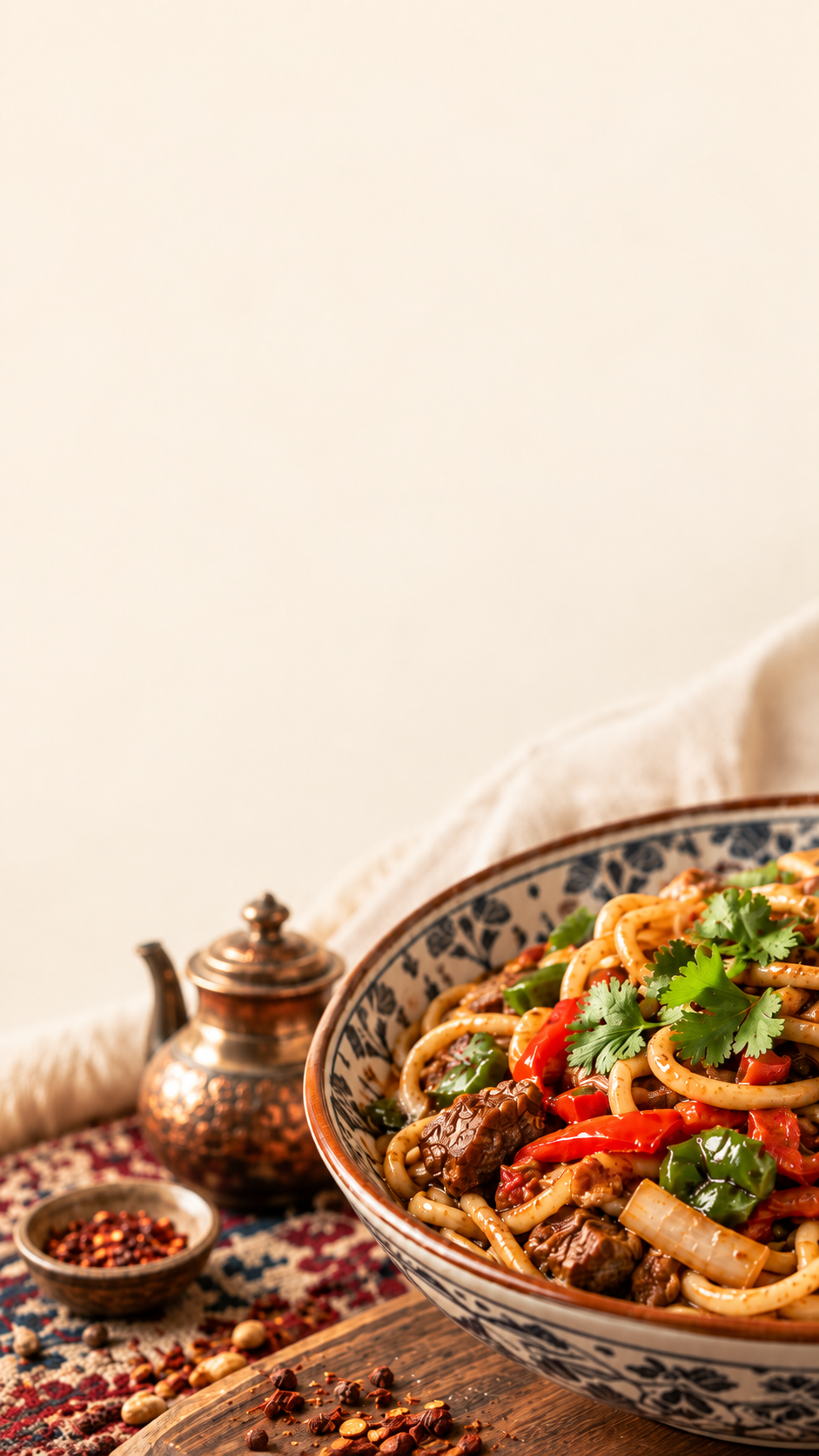 A bowl of hand-pulled Uyghur lagman noodles with beef, peppers, and cilantro at Kashkar Cafe