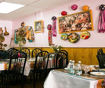 The colorful dining room at Kashkar Cafe