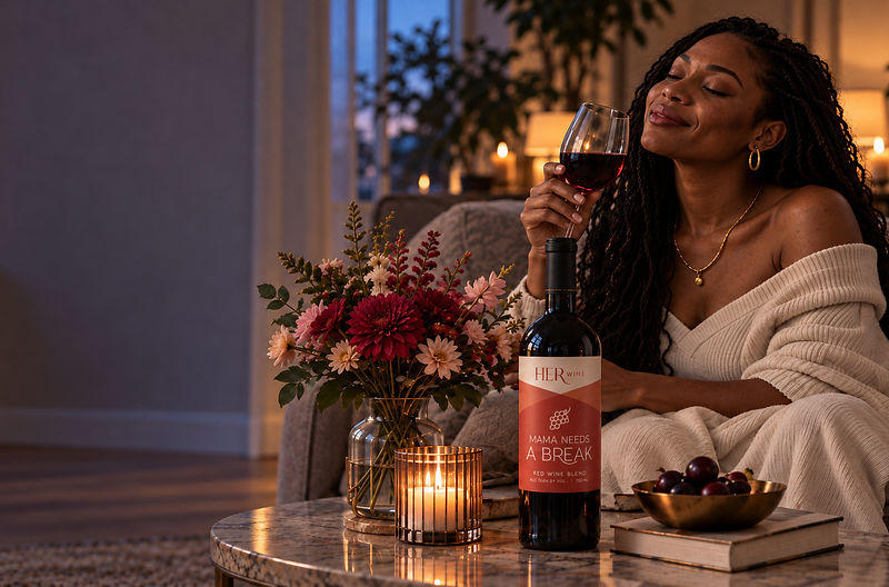 A woman relaxing at dusk with a glass of HER Wine