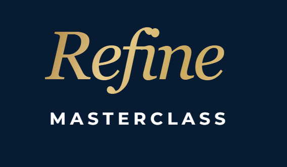 Refine Masterclass wordmark in gold and white on navy