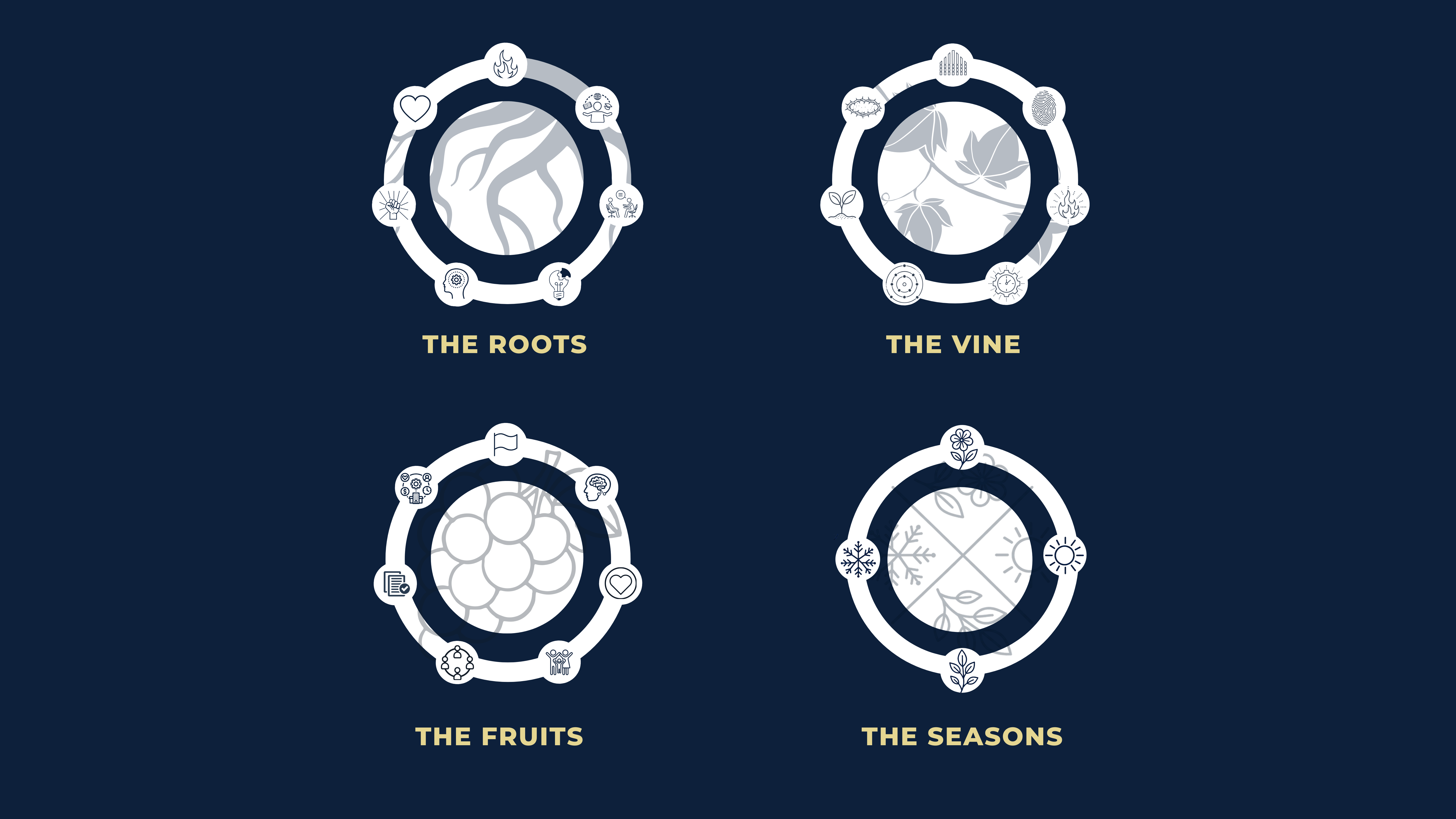 The Roots, The Vine, The Fruits and The Seasons framework exactly as presented in This Is Love, Not Religion