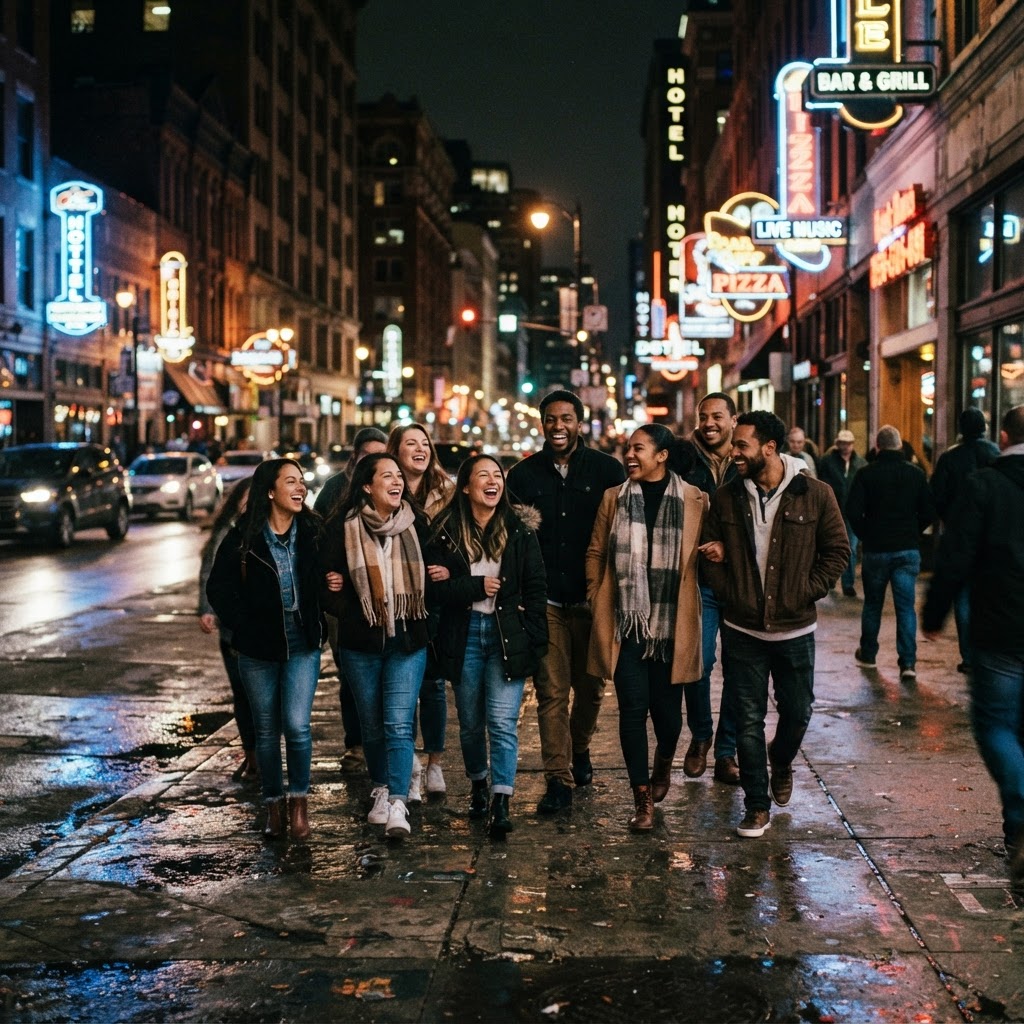 Group of friends on a Motor City bar crawl at night