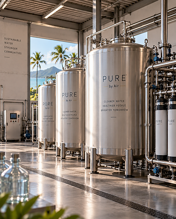 Stainless steel PURE water storage tanks in a processing hall
