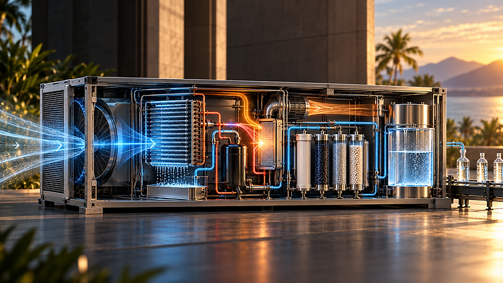 Conceptual PURE atmospheric water-generation system showing airflow, condensation, thermal energy recovery, filtration and drinking-water production.