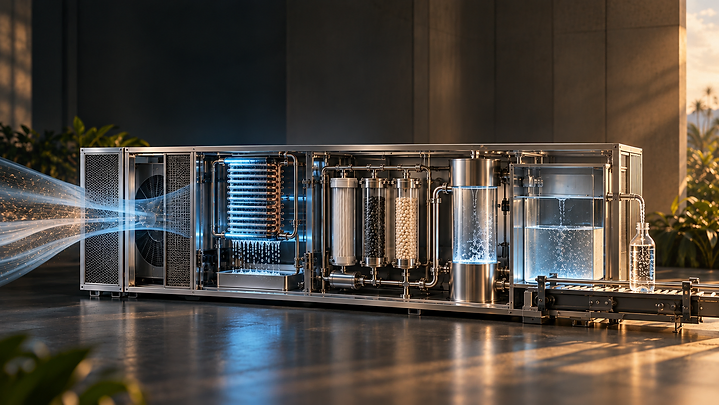 Conceptual PURE water-production system: air intake fan, condensation coils with water droplets, stainless-steel filtration cartridges, mineralisation cylinder and finished drinking water.