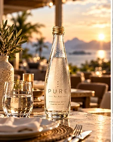 PURE by Air glass water bottle on an outdoor restaurant table at sunset