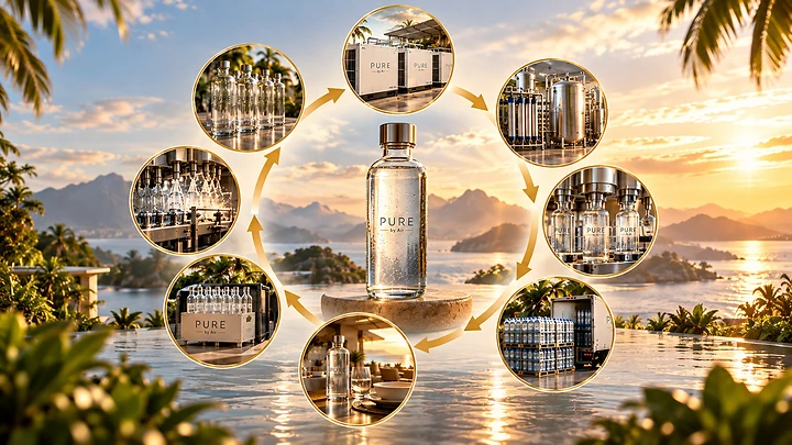 PURE by Air circular glass-bottle water system, showing atmospheric generation, purification, bottling, supply, consumption, collection, cleaning and return around a PURE bottle.