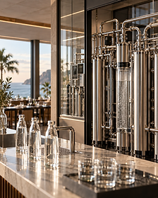 Stainless steel on-site filtration system integrated into a marble service counter