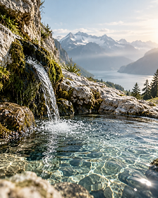 Natural mountain spring feeding a stone pool in a glacial valley