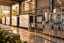 PURE by Air managed water-production installation with multiple atmospheric water generators, filtration and bottling equipment.