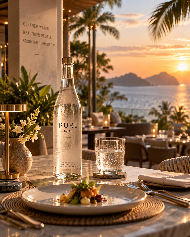 A PURE by Air glass bottle on a resort dining table at sunset