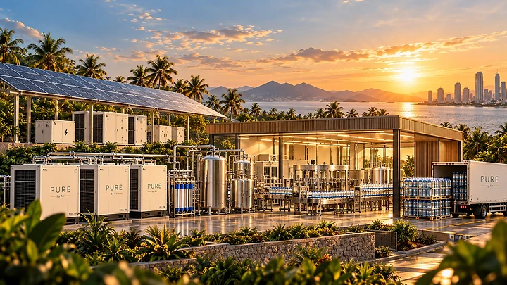 Conceptual PURE by Air integrated water infrastructure combining atmospheric water generation, solar energy, water treatment, storage, bottling and distribution.