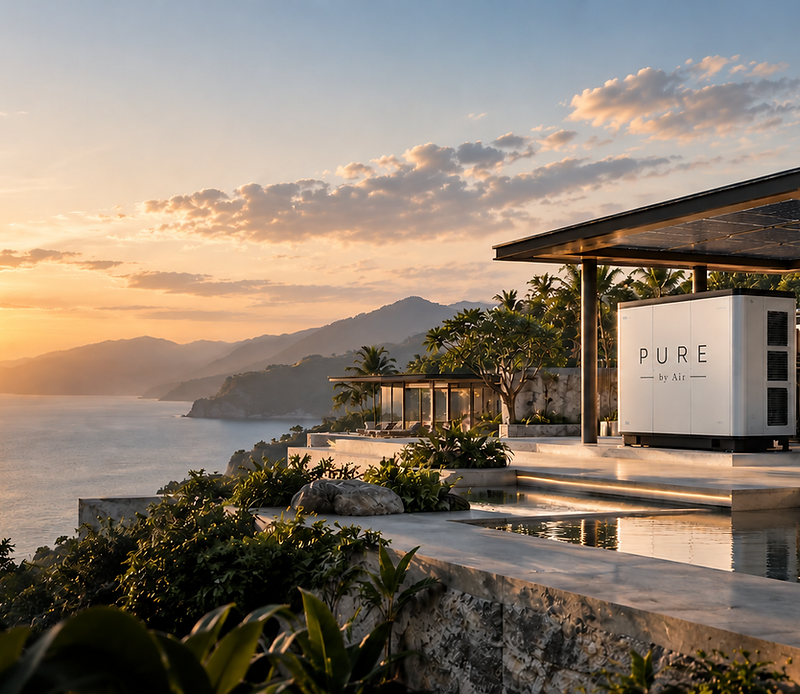 PURE by Air water-production hub on a luxury cliffside villa terrace at sunset