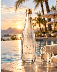 PURE by Air bottle and glass on a stone terrace beside an infinity pool at golden hour