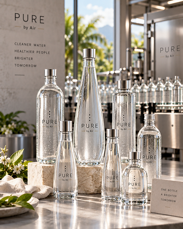 Collection of PURE super-flint glass bottle designs on a stone plinth