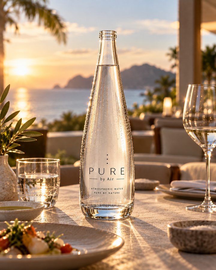 PURE by Air glass bottle on a resort dining table at sunset