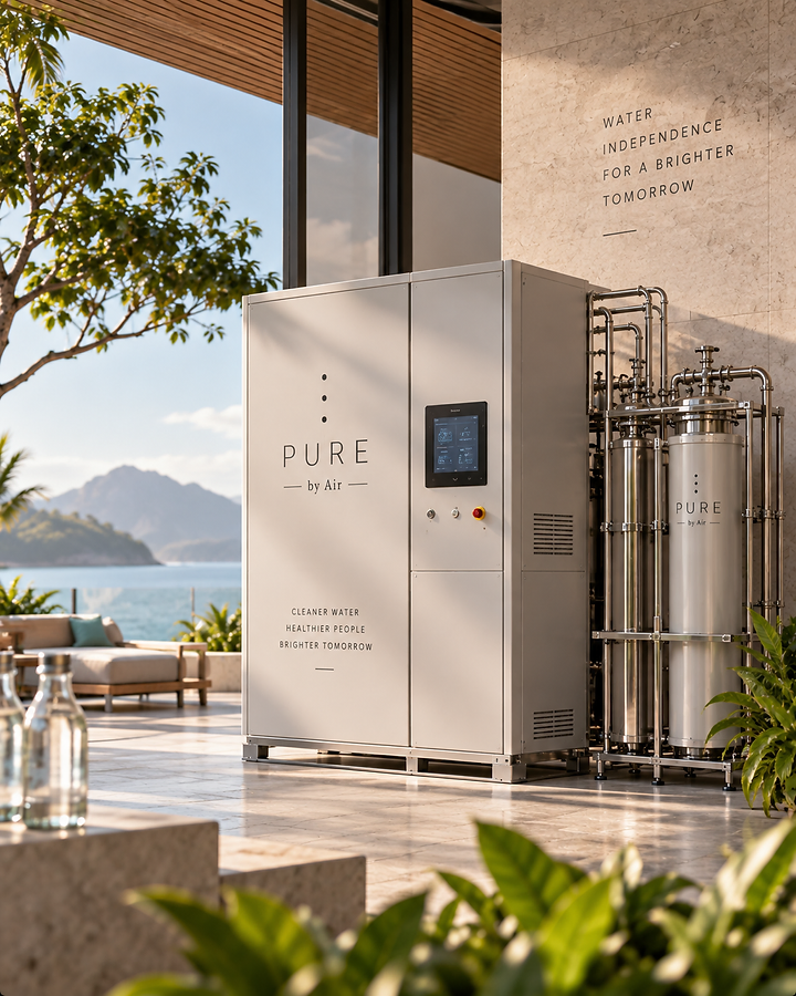 Standalone PURE water generation unit and filtration assembly on a resort terrace