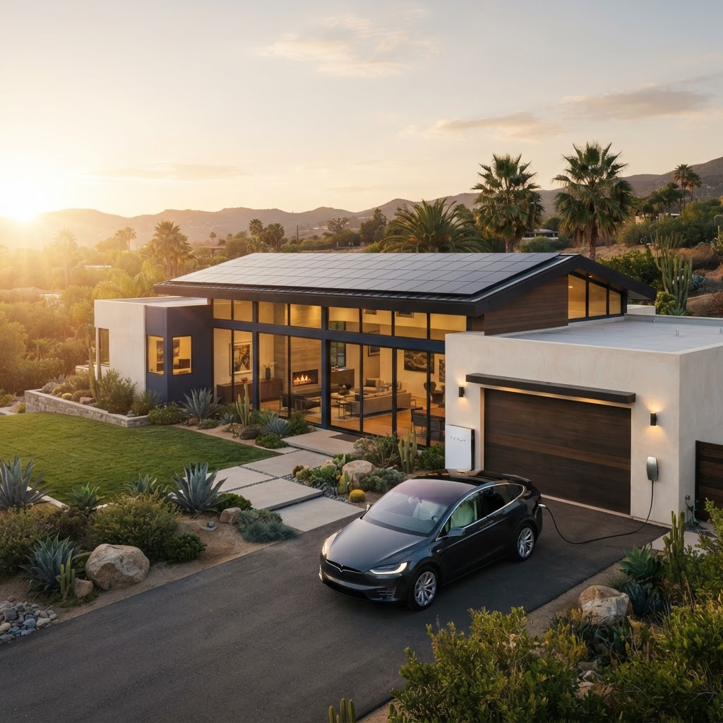 Modern California home with solar panels, battery storage and an EV charging at golden hour