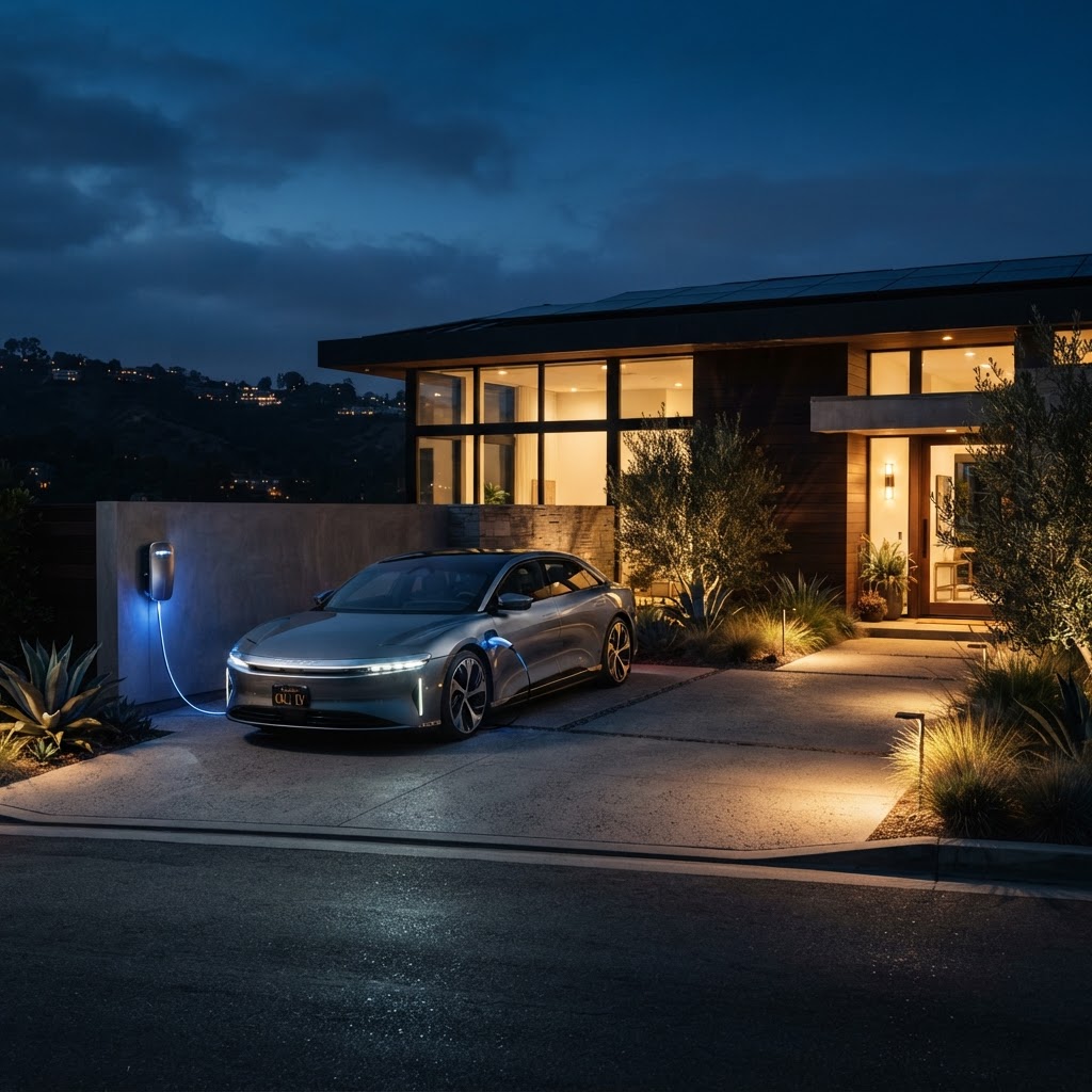 Electric vehicle charging in a modern California home driveway at night