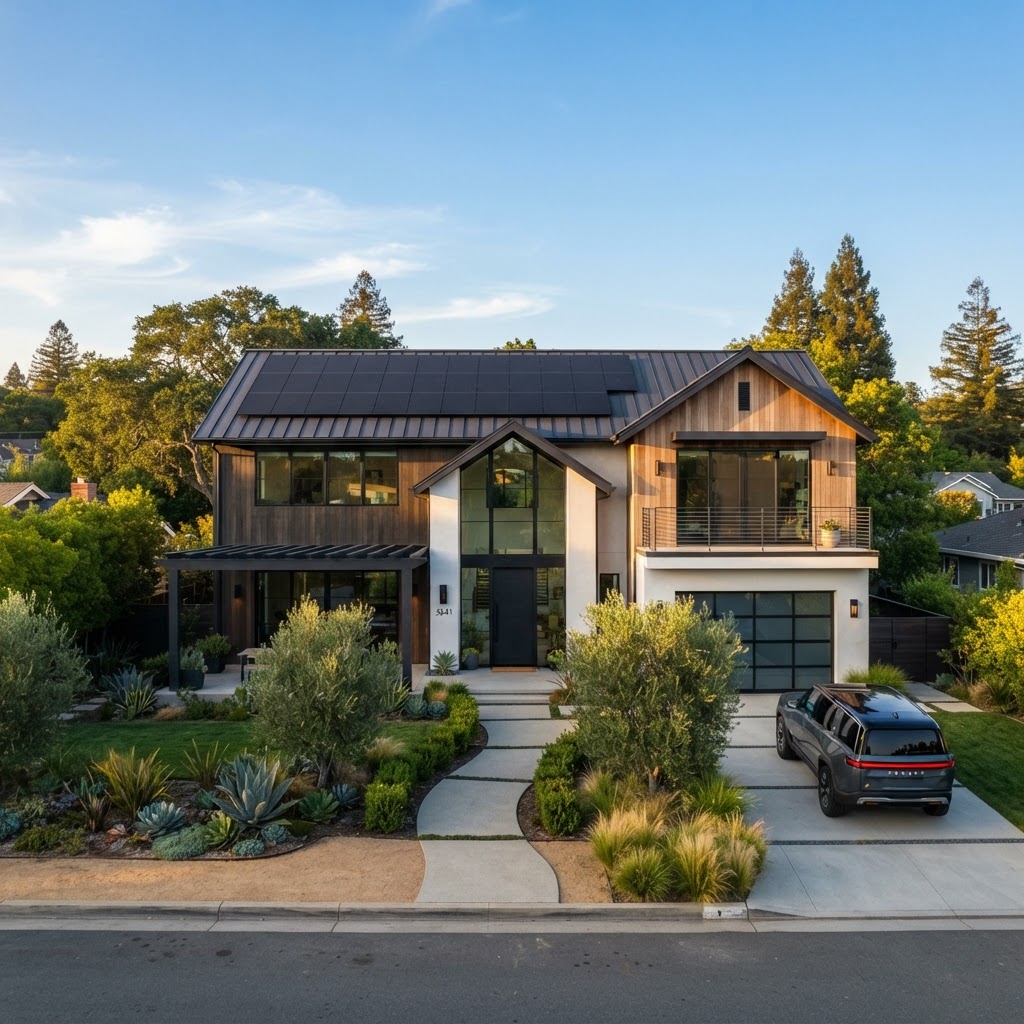 Modern California home with high-efficiency solar panels on the roof