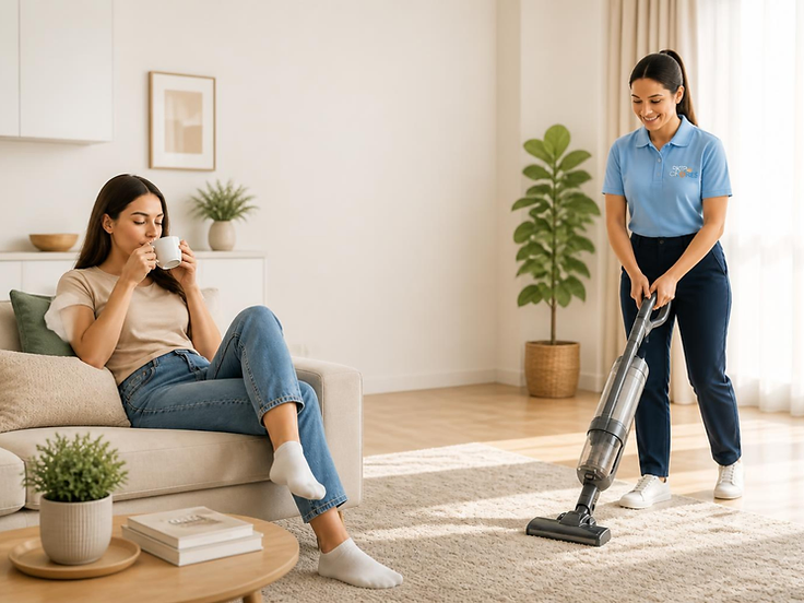 A cleaning professional making a bed