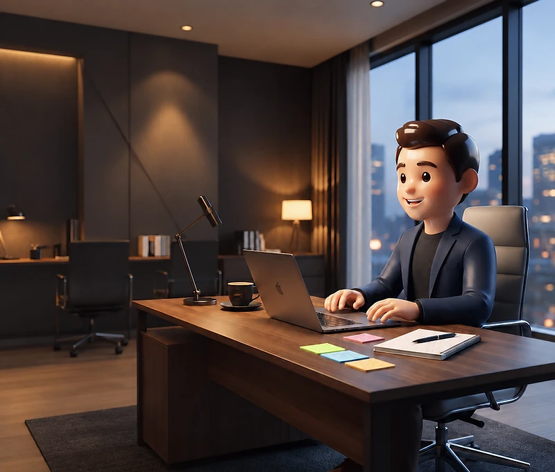 A friendly Buyr Flow agent working at a modern office desk