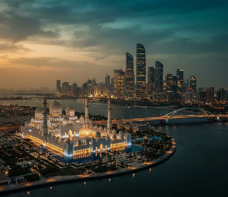 Abu Dhabi skyline with Sheikh Zayed Grand Mosque