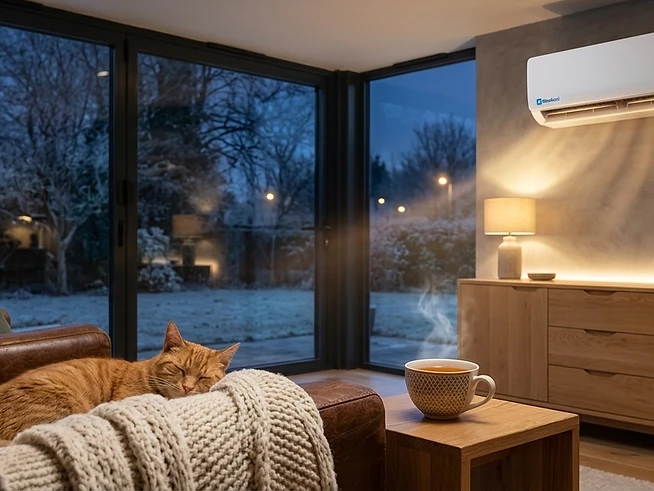 A Stockool inverter air conditioner warming a cosy living room while snow falls outside