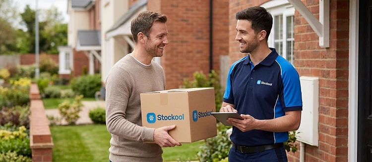 A Stockool representative handing a delivery to a smiling customer