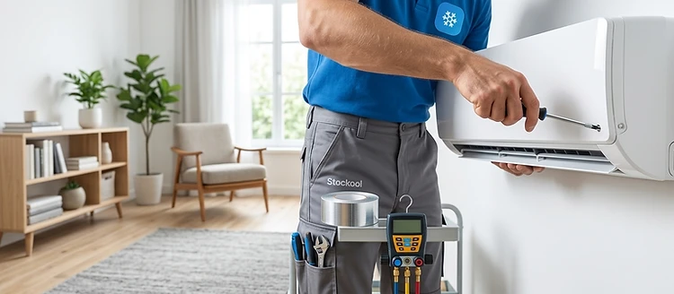 A Stockool engineer installing a wall-mounted air conditioning unit