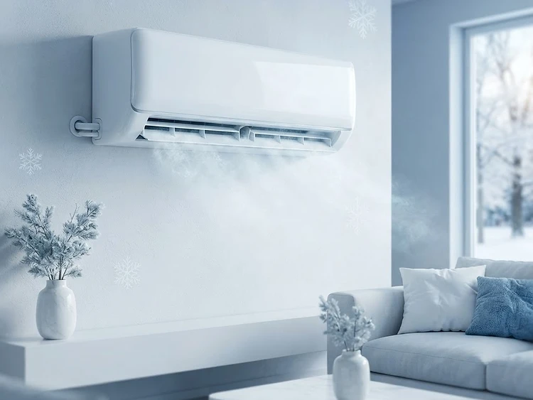 Eine schlanke weiße Stockool Split-Klimaanlage an einer modernen Wand