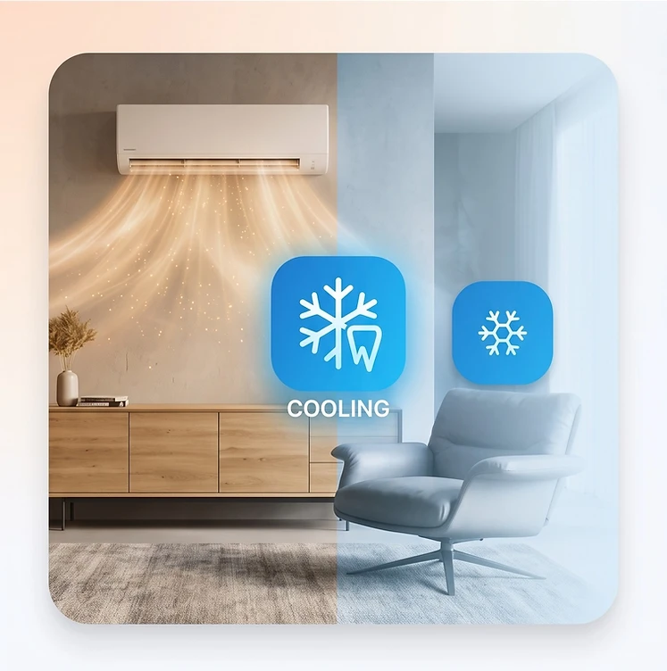 A warm and cool split-tone room with a Stockool air conditioning unit