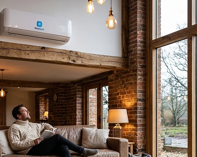 A Stockool inverter air conditioner warming a cosy living room on a snowy winter evening