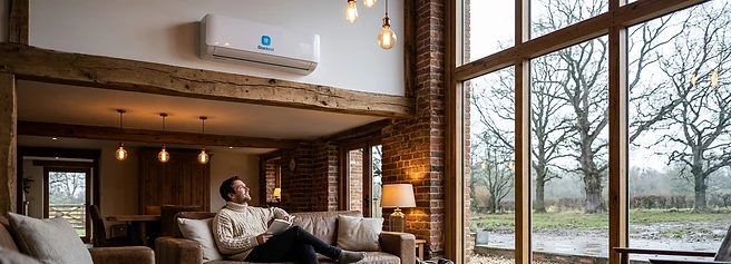 A Stockool inverter air conditioner warming a cosy living room on a snowy winter evening