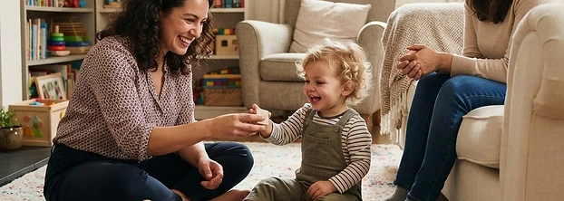 An early intervention specialist playing with a toddler while the mother watches