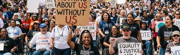 Disability rights advocates marching together on a sunny street