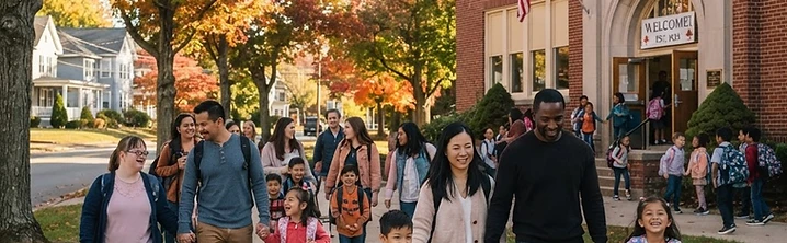 Diverse families with children arriving at a welcoming school