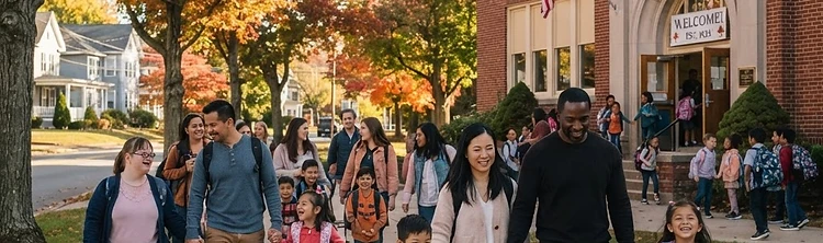 Diverse families walking together toward a welcoming public school