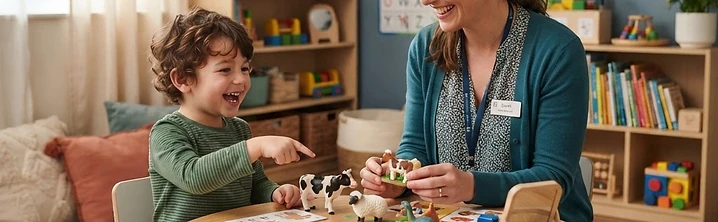 A friendly therapist engaging a young child in play-based learning