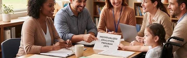 Parents, a teacher, and a school psychologist reviewing an education plan together