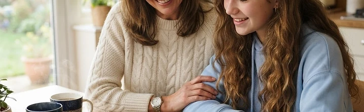 A parent and teenage student reading education news on a tablet together