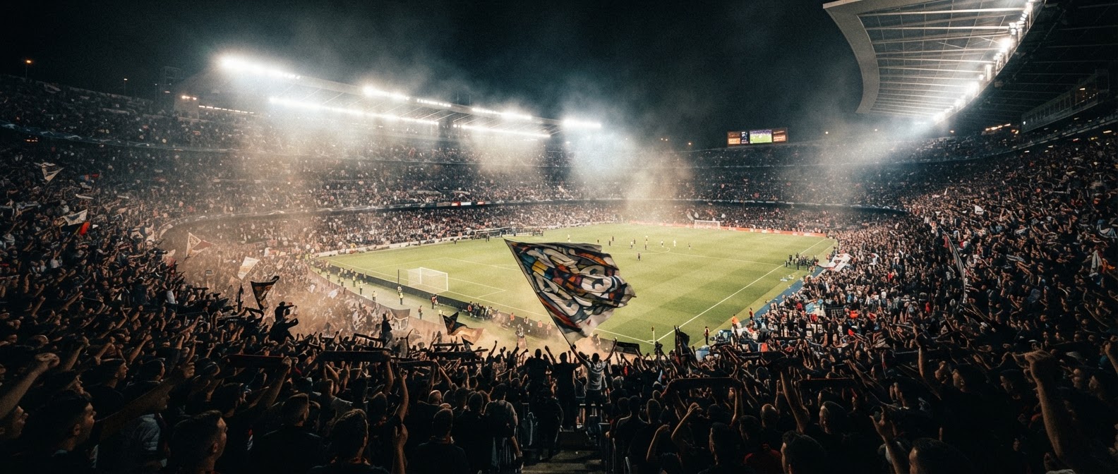 Packed football stadium under floodlights at night