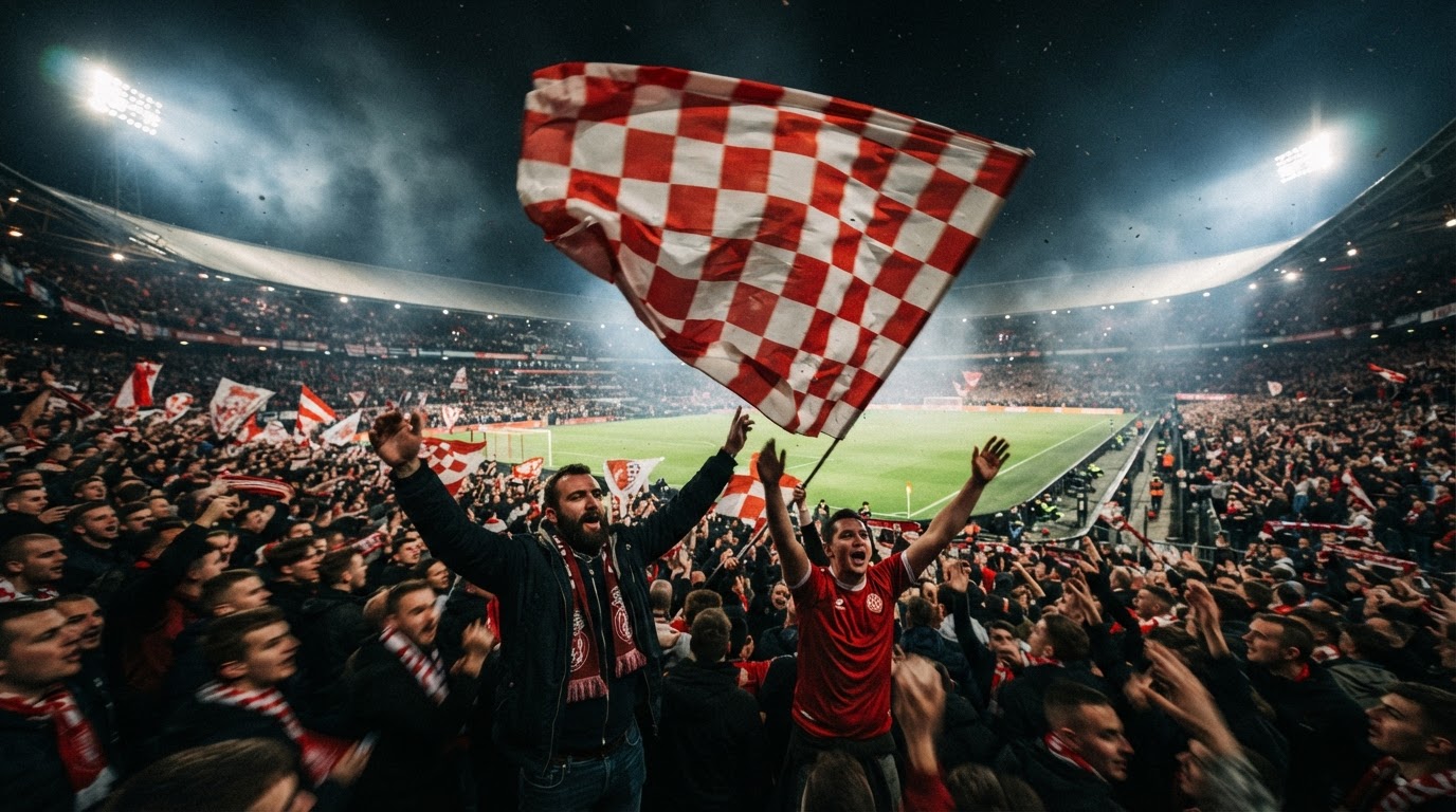 Football supporters holding a custom red and white checkered flag in a packed stadium under floodlights