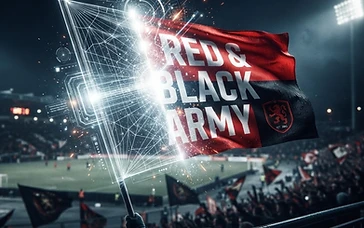 A football flag design materialising from glowing AI blueprint lines and particles
