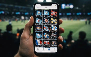 A hand holding a smartphone showing a gallery of football flag designs